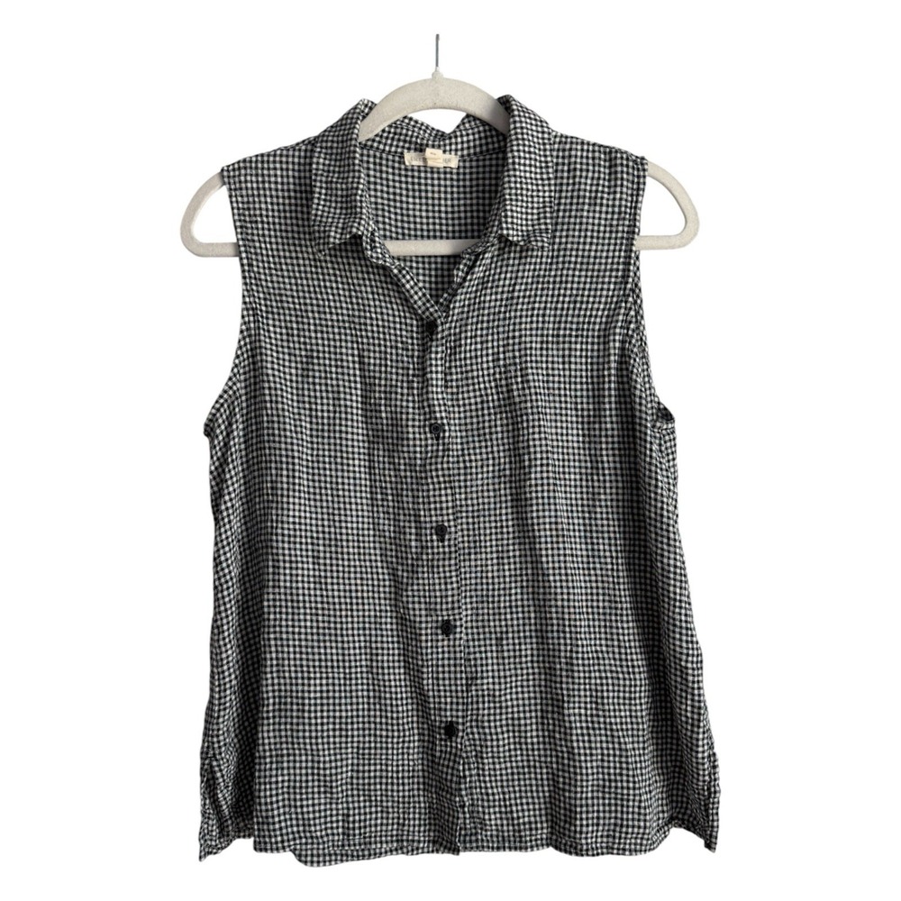 Eileen Fisher Organic Linen Gingham Sleeveless Button Front Top Womens M